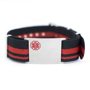 Stainless Steel Men s Black   Red Nylon Medical ID Bracelet