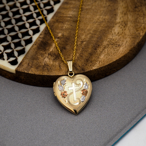 Yellow Gold Cross Heart Photo Locket