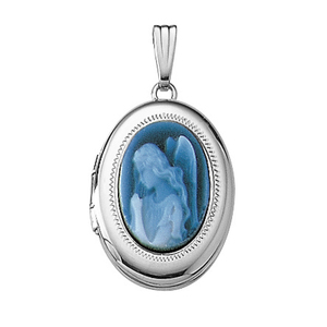 14K White Gold Angel Cameo Oval Photo Locket