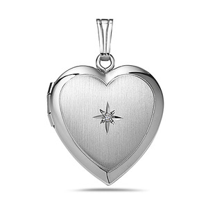 14k White Gold Small Heart Photo Locket with Diamond