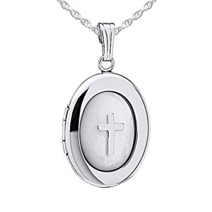 Sterling Silver Mother of Pearl Cross Oval Photo Locket