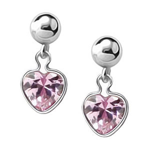 Sterling Silver Children s Heart Drop Earrings w  Pink Cubic Zirconia