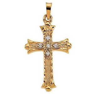 14K Yellow Gold Hollow Cross Pendant w  Diamond Accents