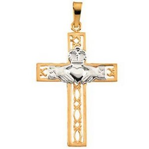 14K Yellow Gold Two Tone Cross Claddagh Pendant